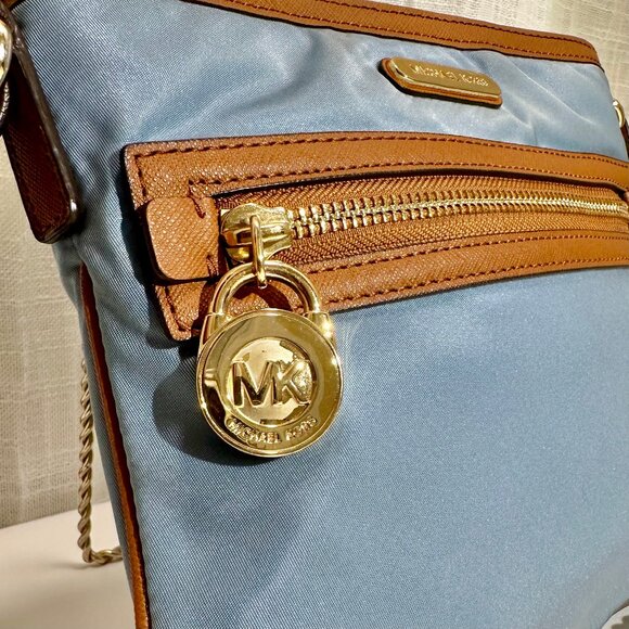 MICHAEL Michael Kors MK Kempton Powder Blue Nylon & Brown Leather Crossbody Bag - Picture 6 of 14